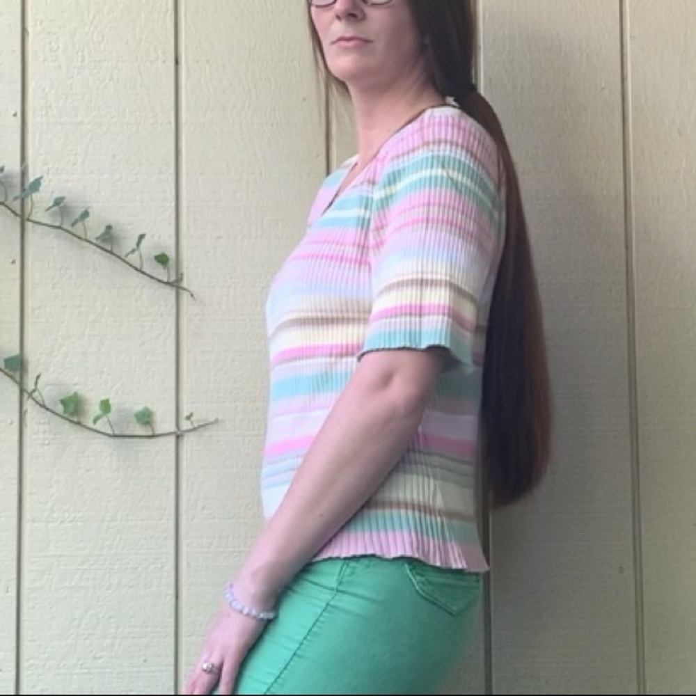 VINTAGE Liz Claiborne Sweater elbow sleeve Pastel Rainbow striped ribbed cotton - Picture 12 of 12